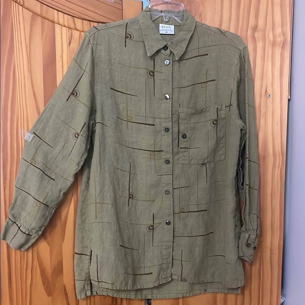 CMC CLICK LEISURE BUTTON-UP SHIRT MENS S OLIVE GREEN GEOMETRIC DESIGN LONGSLEEVE